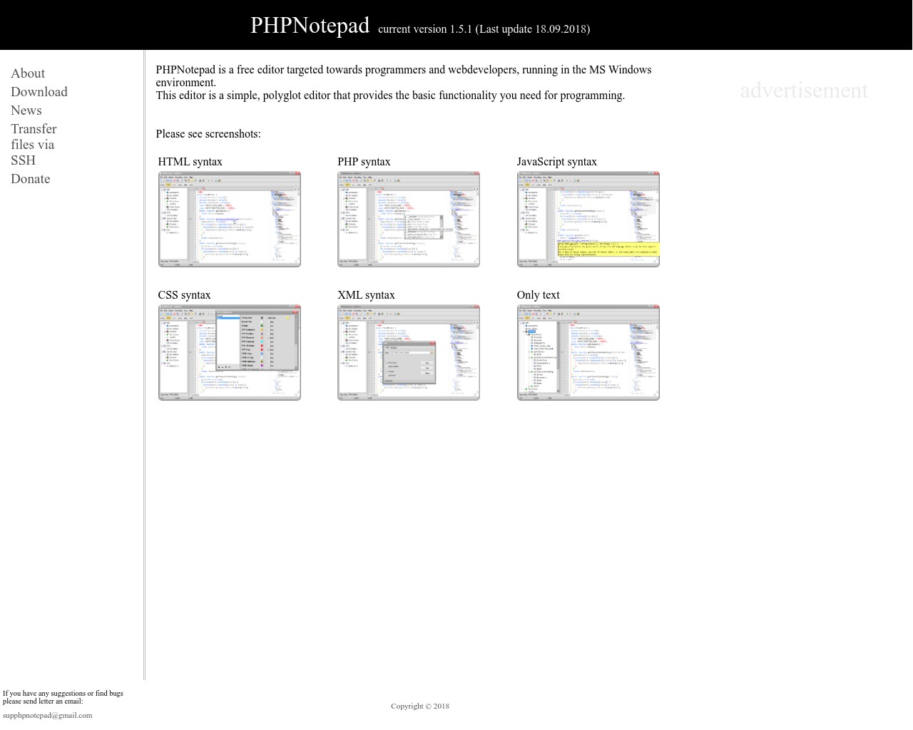 Изображение скриншота сайта - phpnotepad - редактор кода работающий в среде MS Windows.